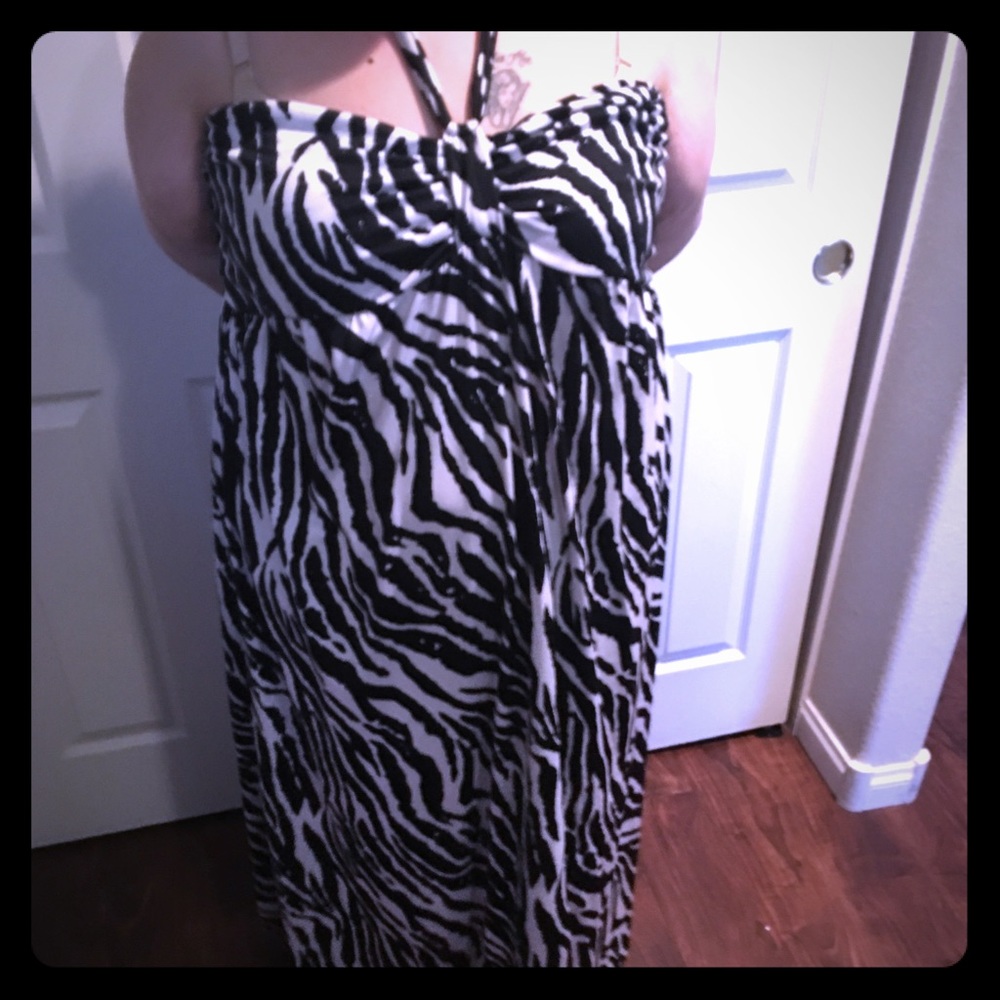 Full length zebra pattern dress.